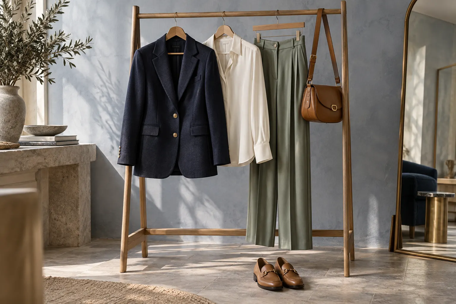 Visuel éditorial : veste marine, chemise ivoire et pantalon sauge dans une garde-robe composée